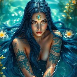 A mesmerizing water nymph with long, flowing midnight blue hair cascading around her shoulders