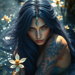 A mesmerizing water nymph with long, flowing midnight blue hair cascading around her shoulders