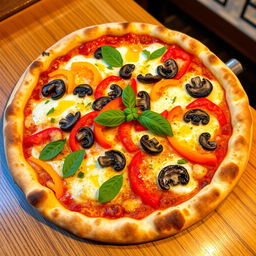 A delicious capsicum and mushroom pizza with a perfectly baked crust that is golden and slightly crunchy on the edges