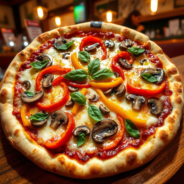 A delicious capsicum and mushroom pizza with a perfectly baked crust that is golden and slightly crunchy on the edges