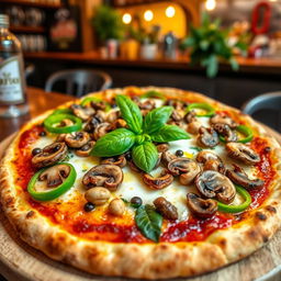 A delicious green capsicum and mushroom pizza, showcasing a perfectly baked crust that is crispy on the outside and soft on the inside