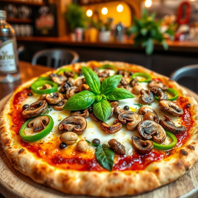 A delicious green capsicum and mushroom pizza, showcasing a perfectly baked crust that is crispy on the outside and soft on the inside