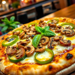 A delicious green capsicum and mushroom pizza, showcasing a perfectly baked crust that is crispy on the outside and soft on the inside