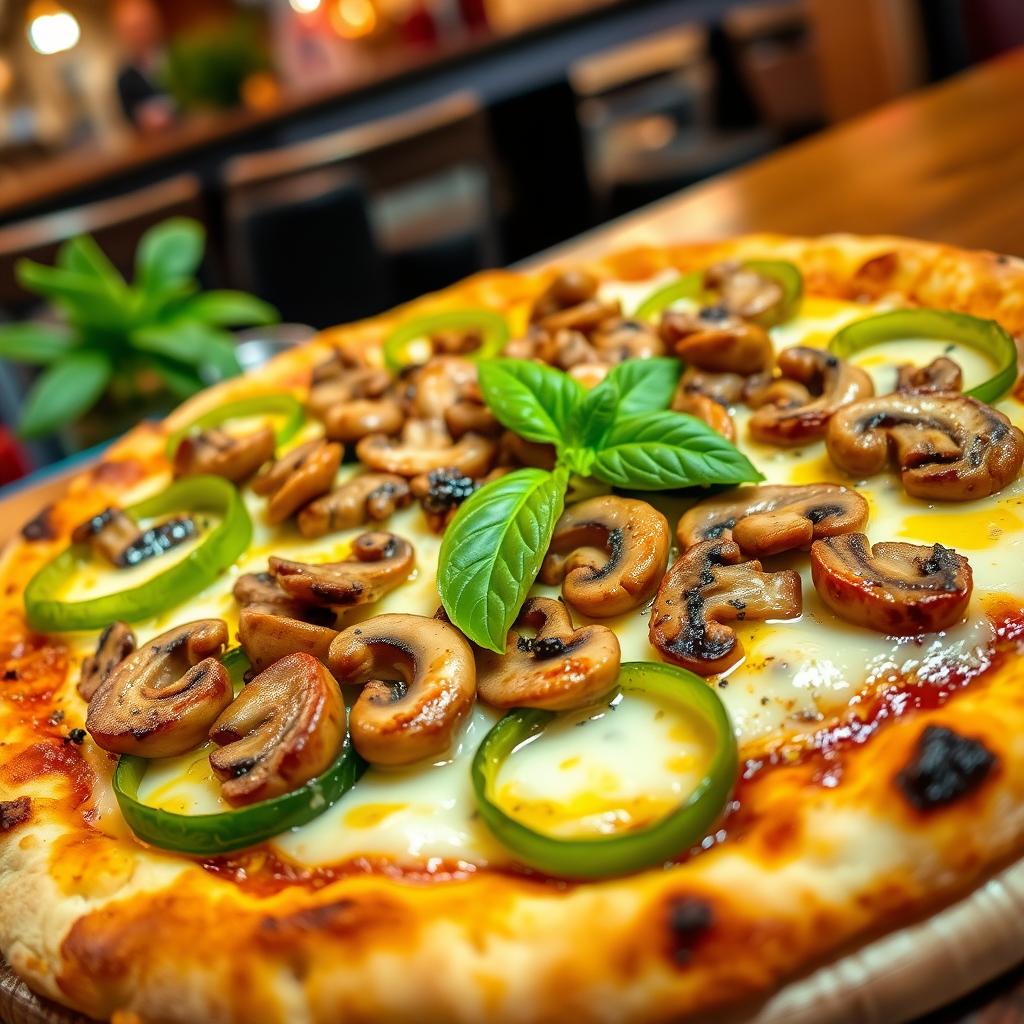 A delicious green capsicum and mushroom pizza, showcasing a perfectly baked crust that is crispy on the outside and soft on the inside