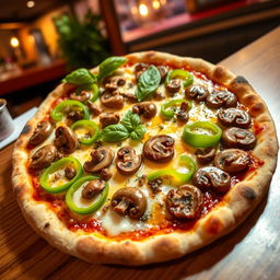 A delicious green capsicum and mushroom pizza, showcasing a perfectly baked crust that is crispy on the outside and soft on the inside