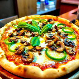 A delicious green capsicum and mushroom pizza, showcasing a perfectly baked crust that is crispy on the outside and soft on the inside