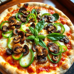 A mouthwatering green capsicum and mushroom pizza, featuring a golden, crispy crust with a soft interior