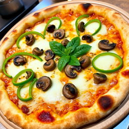 A mouthwatering green capsicum and mushroom pizza, featuring a golden, crispy crust with a soft interior