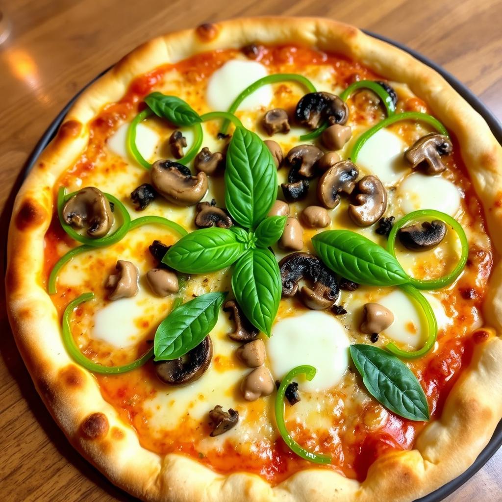 A mouthwatering green capsicum and mushroom pizza, featuring a golden, crispy crust with a soft interior