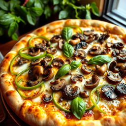 A mouthwatering green capsicum and mushroom pizza, featuring a golden, crispy crust with a soft interior