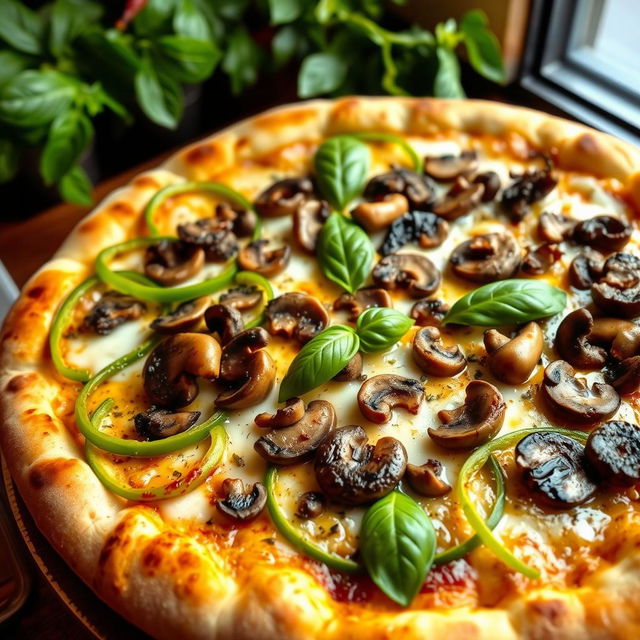 A mouthwatering green capsicum and mushroom pizza, featuring a golden, crispy crust with a soft interior