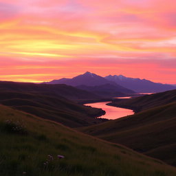 A beautiful sunset landscape with vibrant colors, featuring a stunning panorama of orange, pink, and purple skies blending seamlessly