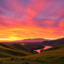 A beautiful sunset landscape with vibrant colors, featuring a stunning panorama of orange, pink, and purple skies blending seamlessly