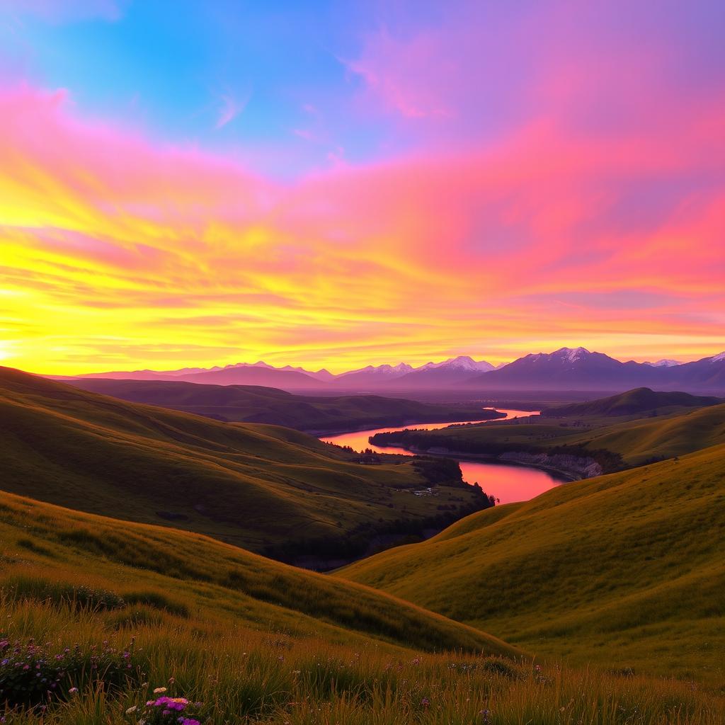 A beautiful sunset landscape with vibrant colors, featuring a stunning panorama of orange, pink, and purple skies blending seamlessly