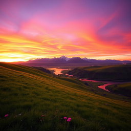 A beautiful sunset landscape with vibrant colors, featuring a stunning panorama of orange, pink, and purple skies blending seamlessly