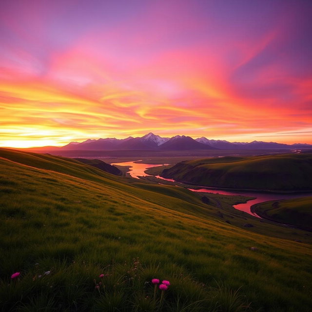 A beautiful sunset landscape with vibrant colors, featuring a stunning panorama of orange, pink, and purple skies blending seamlessly