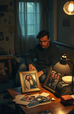 A melancholic scene featuring a man sitting alone in a cozy, dimly lit room, surrounded by memories of his ex-girlfriend