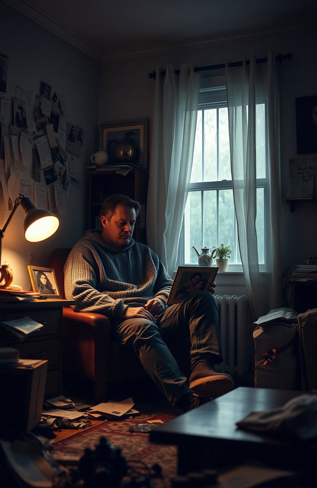 A melancholic scene featuring a man sitting alone in a cozy, dimly lit room, surrounded by memories of his ex-girlfriend