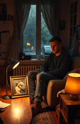 A melancholic scene featuring a man sitting alone in a cozy, dimly lit room, surrounded by memories of his ex-girlfriend