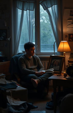 A melancholic scene featuring a man sitting alone in a cozy, dimly lit room, surrounded by memories of his ex-girlfriend