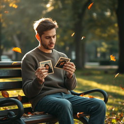 A poignant scene depicting a man sitting on a park bench, lost in thought and surrounded by nature