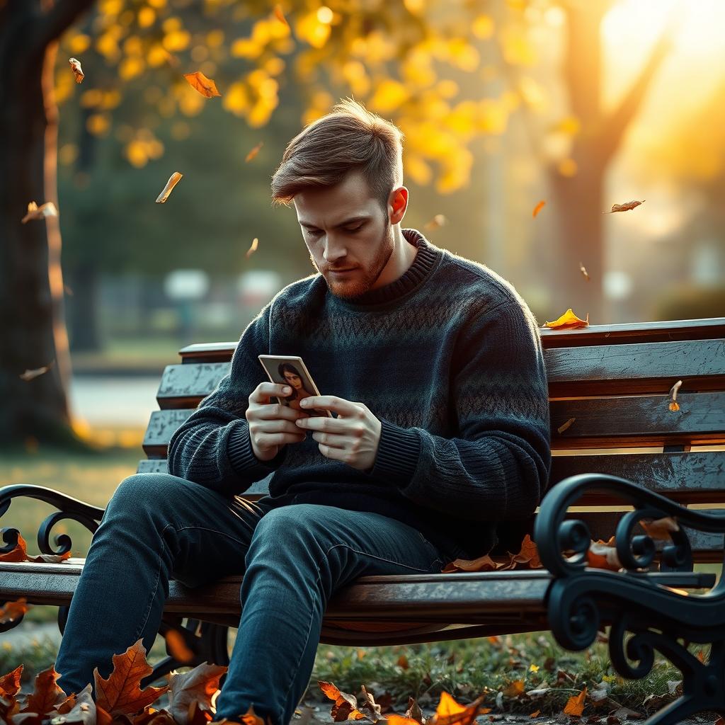 A poignant scene depicting a man sitting on a park bench, lost in thought and surrounded by nature