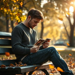 A poignant scene depicting a man sitting on a park bench, lost in thought and surrounded by nature
