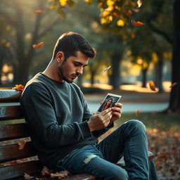 A poignant scene depicting a man sitting on a park bench, lost in thought and surrounded by nature