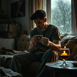 A deeply evocative scene portraying a man sitting on a weathered couch in a dimly lit living room, absorbed in his thoughts about his ex-girlfriend