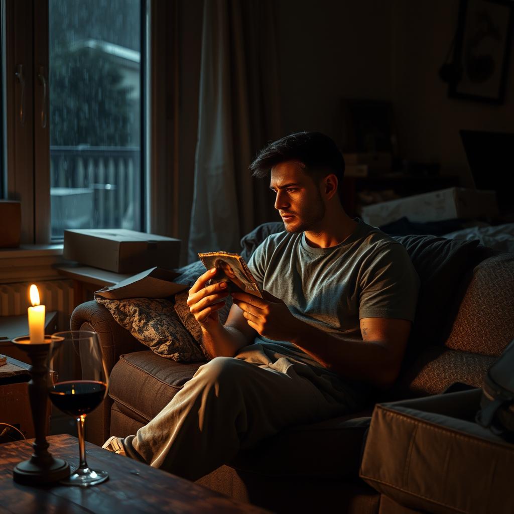 A deeply evocative scene portraying a man sitting on a weathered couch in a dimly lit living room, absorbed in his thoughts about his ex-girlfriend