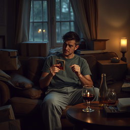 A deeply evocative scene portraying a man sitting on a weathered couch in a dimly lit living room, absorbed in his thoughts about his ex-girlfriend