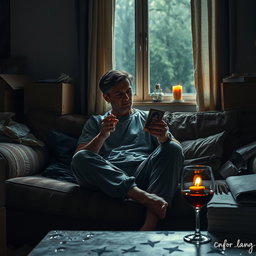 A deeply evocative scene portraying a man sitting on a weathered couch in a dimly lit living room, absorbed in his thoughts about his ex-girlfriend