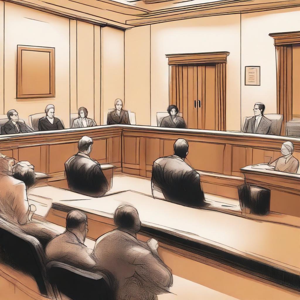 A filtered view of a family court in session, showcasing the judge, lawyers, and family members engaged in a civil discussion, emphasizing the respectful and sober nature of the proceedings.