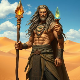 A powerful male druid standing confidently in the Mulhorand desert, characterized by ancient Egyptian-inspired clothing adorned with intricate patterns and symbols