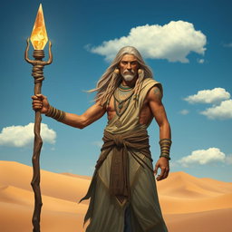 A powerful male druid standing confidently in the Mulhorand desert, characterized by ancient Egyptian-inspired clothing adorned with intricate patterns and symbols
