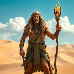 A powerful male druid standing confidently in the Mulhorand desert, characterized by ancient Egyptian-inspired clothing adorned with intricate patterns and symbols