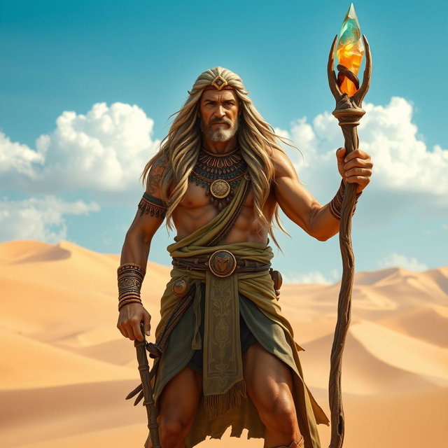 A powerful male druid standing confidently in the Mulhorand desert, characterized by ancient Egyptian-inspired clothing adorned with intricate patterns and symbols
