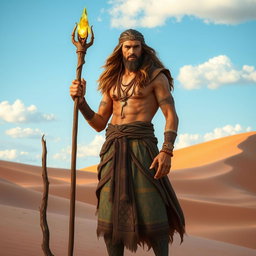A powerful male druid standing confidently in the Mulhorand desert, characterized by ancient Egyptian-inspired clothing adorned with intricate patterns and symbols