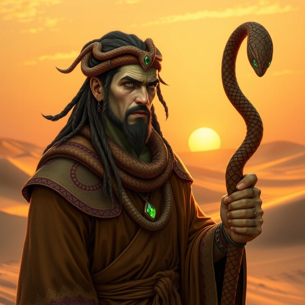 A male druid inspired by the Mulhorand desert, featuring a snake-themed aesthetic