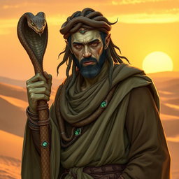 A male druid inspired by the Mulhorand desert, featuring a snake-themed aesthetic