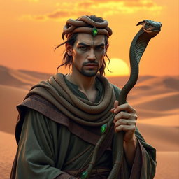 A male druid inspired by the Mulhorand desert, featuring a snake-themed aesthetic