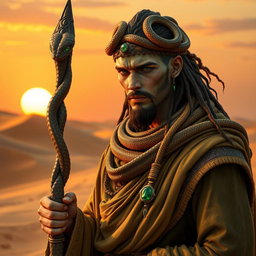 A male druid inspired by the Mulhorand desert, featuring a snake-themed aesthetic