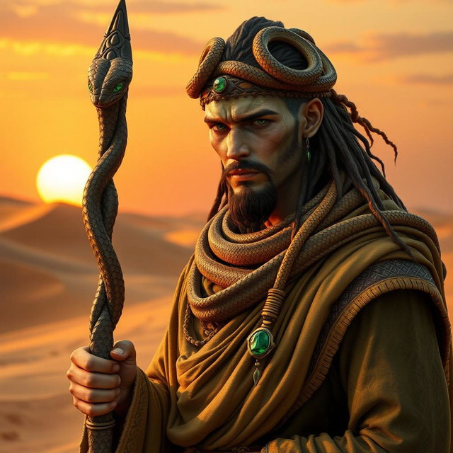 A male druid inspired by the Mulhorand desert, featuring a snake-themed aesthetic