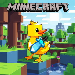 A pixel art style duck immersed in a Minecraft environment, surrounded by blocky trees, grass, and pixelated structures