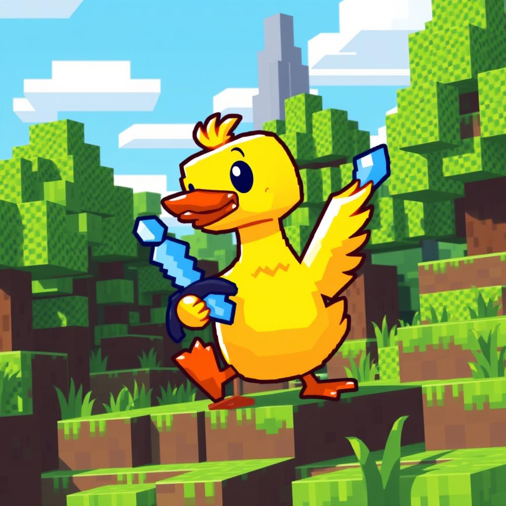 A pixel art style duck immersed in a Minecraft environment, surrounded by blocky trees, grass, and pixelated structures