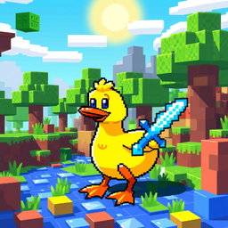 A pixel art style duck immersed in a Minecraft environment, surrounded by blocky trees, grass, and pixelated structures