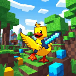 A pixel art style duck immersed in a Minecraft environment, surrounded by blocky trees, grass, and pixelated structures