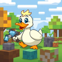 A pixel art style illustration of a cheerful duck character playing Minecraft