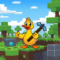 A pixel art style illustration of a cheerful duck character playing Minecraft
