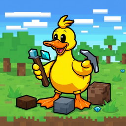 A pixel art style illustration of a cheerful duck character playing Minecraft